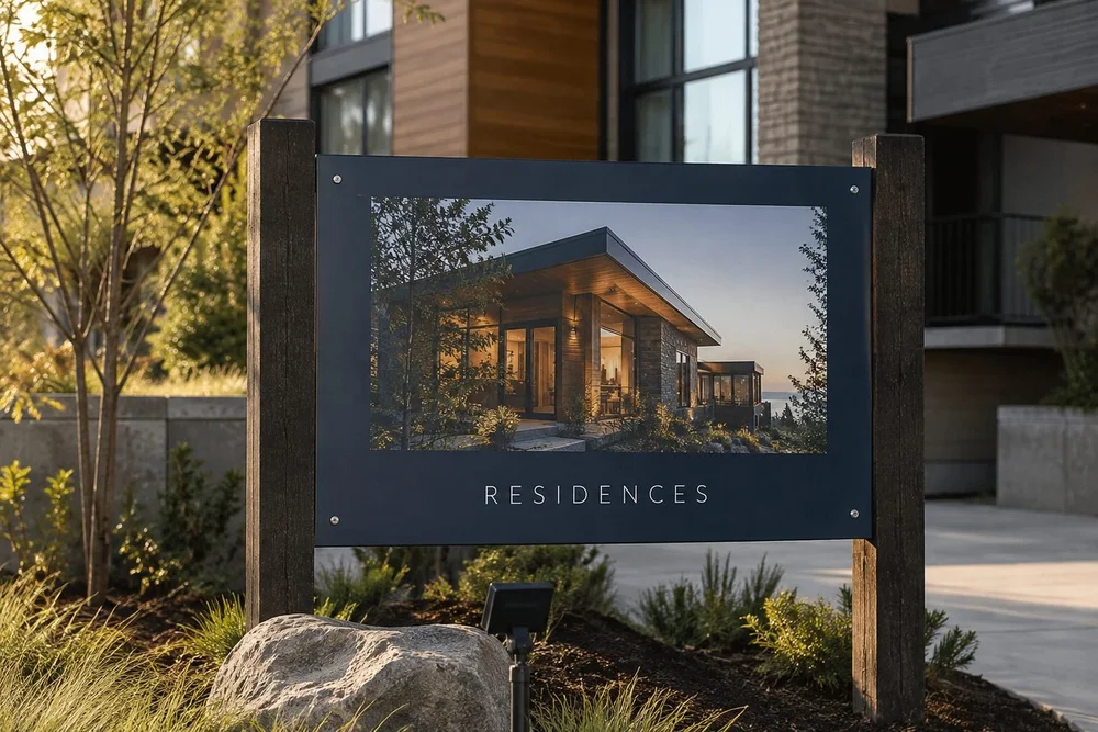 A large finished printed aluminum composite property sign between two dark timber posts beside a refined residential building.