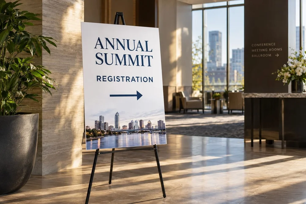A lightweight rigid white printed conference sign on black easel in a sunlit modern hotel conference foyer.