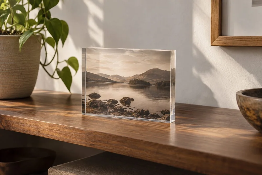 A thick small freestanding acrylic photo block with a muted sepia landscape photograph on a walnut shelf in a quiet home.