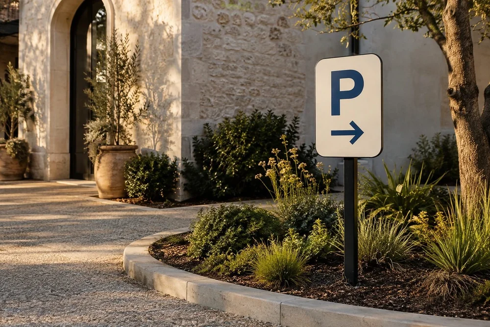 Outdoor signage — Panels and banners for properties, fences, and open air.