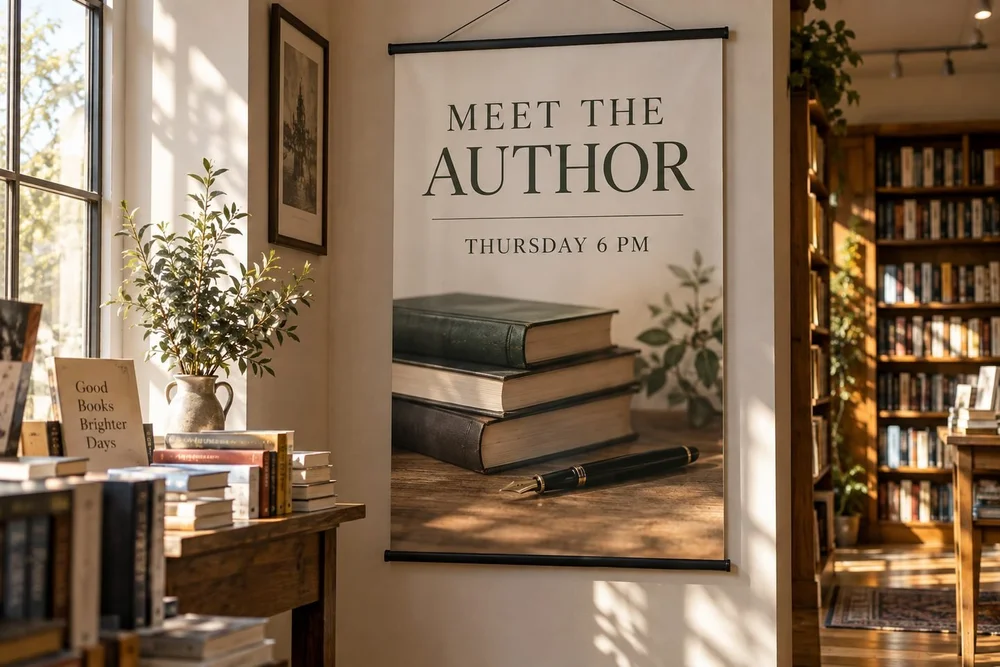 Flat smooth flexible promotional print in slim black top and bottom poster rails in a beautiful independent bookshop.