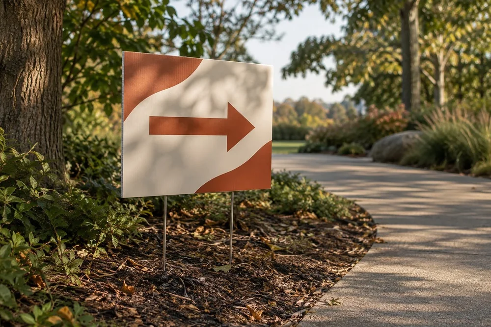 A freestanding temporary corrugated plastic event direction sign on a wire stake at a quiet park path.