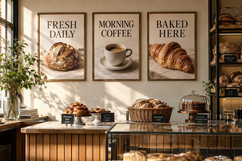 Three matched size printed promotional posters aligned in a row on an elegant bakery wall.