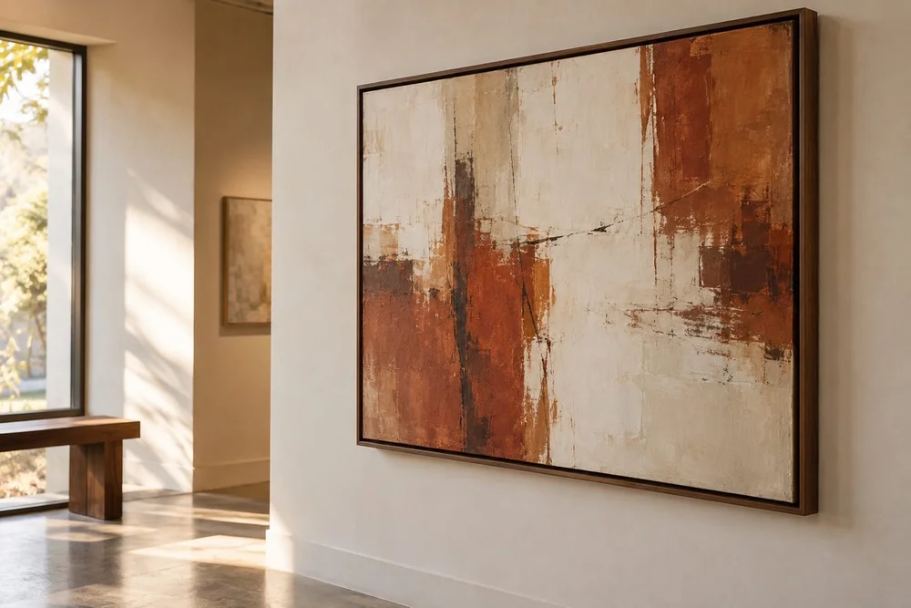 A beautiful printed canvas artwork of abstract rust and ivory brush strokes in a slim walnut float frame in a quiet gallery corner.