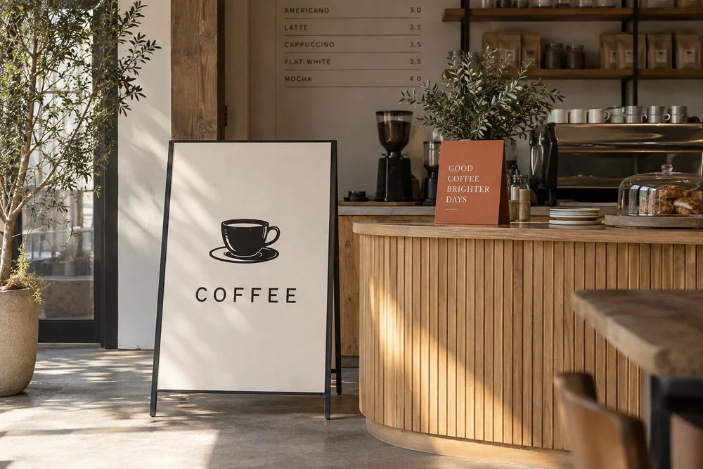 Business + retail — Store displays, menus, and graphics that carry your brand.