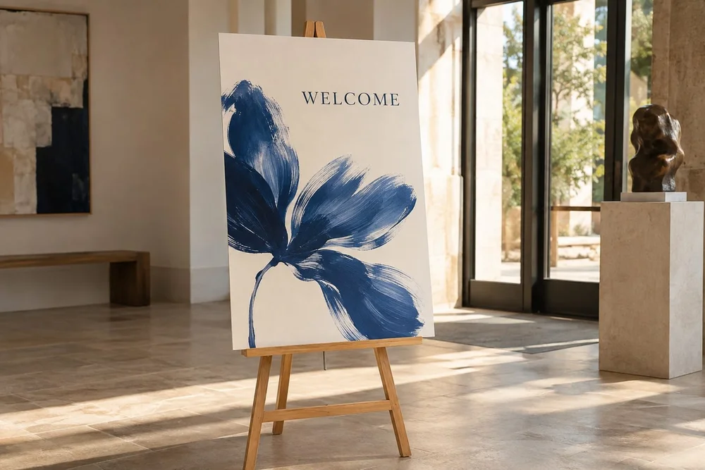 A matte printed foam board on a restrained oak easel in an art gallery foyer.