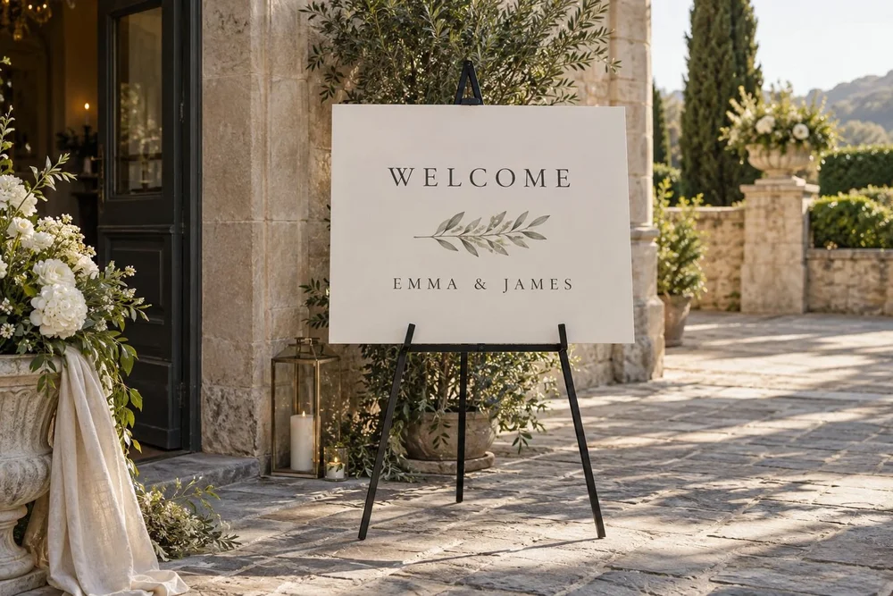 Events + promotions — Welcome signs, sponsor displays, and directions for the day.