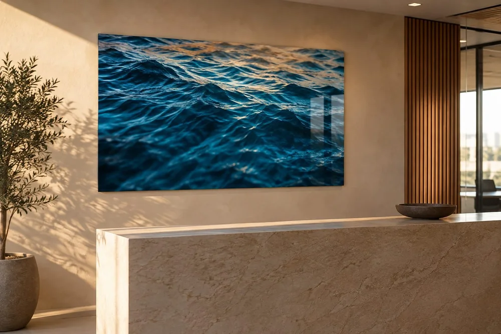 A glossy printed acrylic photo panel showing an abstract closeup of ocean blue water on a warm plaster reception wall with concealed mounting, no standoffs.