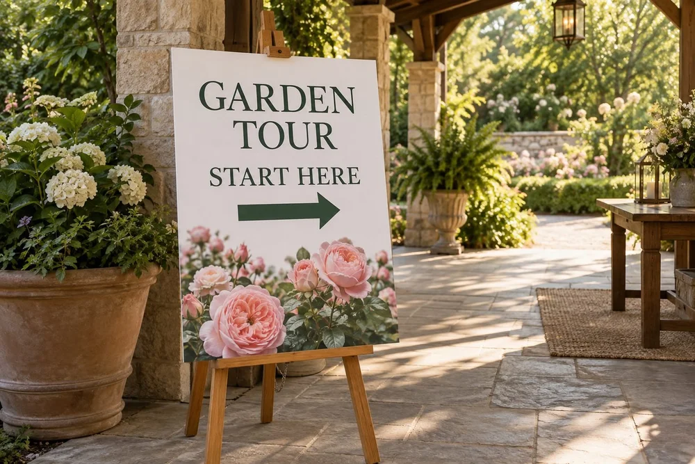 A portable rigid white printed event board on wood easel in a covered garden pavilion.