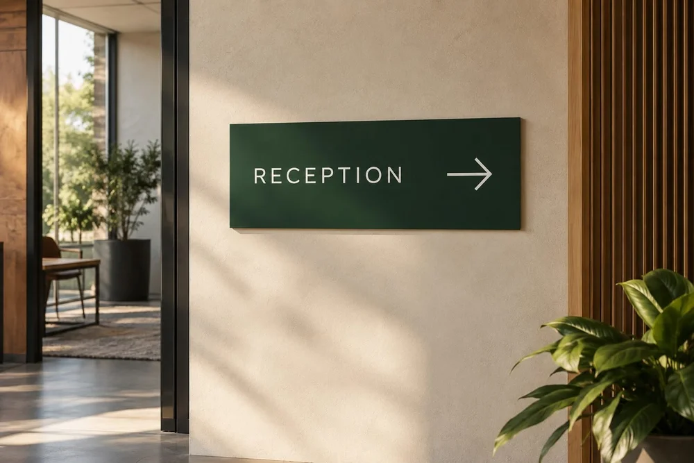 Interior displays — Information and identity, thoughtfully placed in the space.