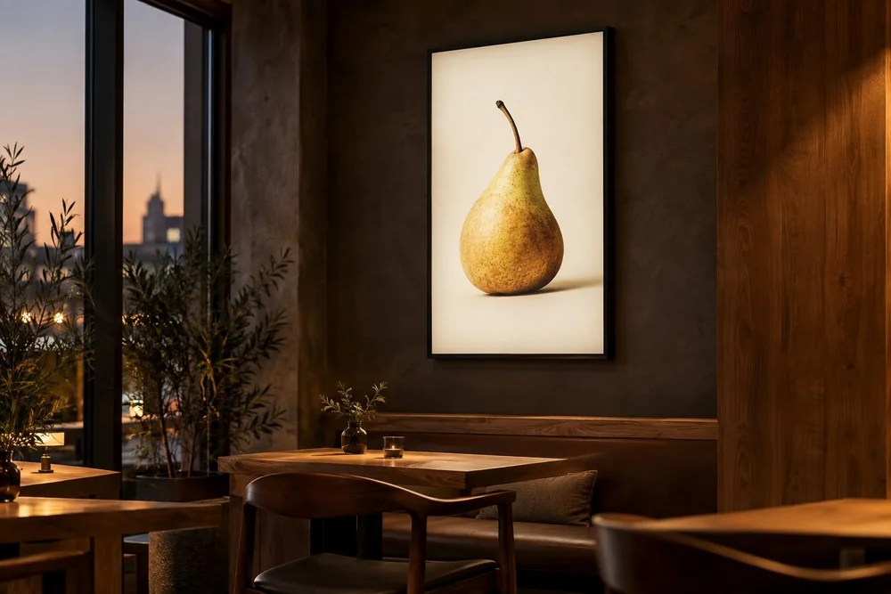 A premium cafe interior at dusk with one slim illuminated wall lightbox displaying a beautiful photographic still life of a pear on an ivory background, no text.