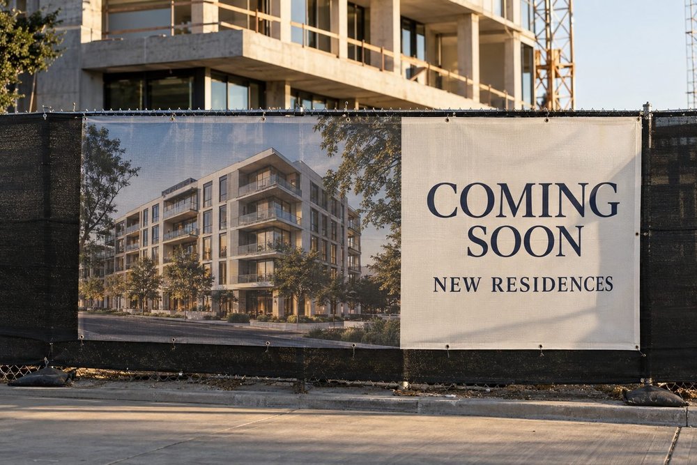A printed perforated mesh banner on black construction fence in front of a modern building under construction.
