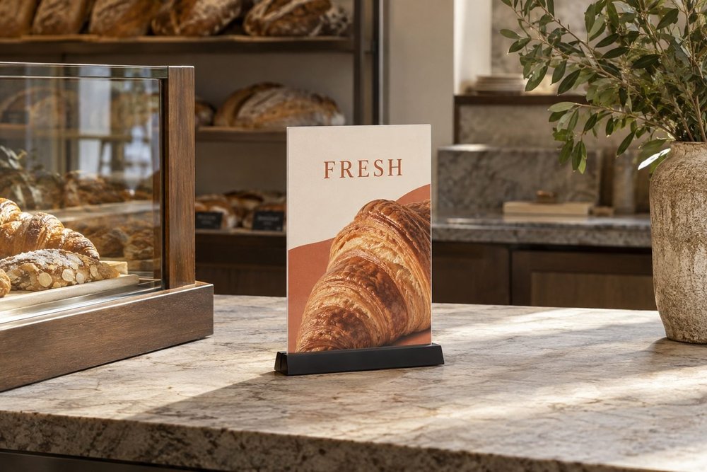 A thin printed polystyrene promotional insert in a countertop black metal slot holder at an elegant bakery.