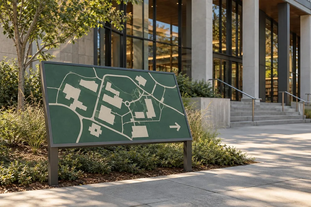 A handsome printed aluminum composite campus map panel with simple abstract cream and dark green map shapes and one directional arrow, no labels or words, in a low steel landscape frame beside a modern library.