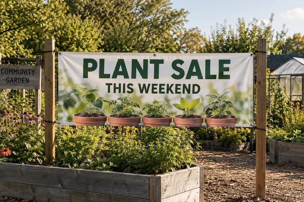 A thin lightweight polyethylene banner stretched neatly between simple outdoor posts beside community garden.
