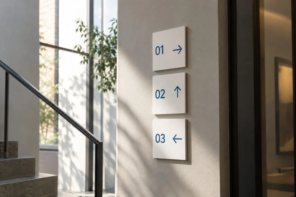Three small opaque printed PVC directional panels fixed flush to a warm gray office wall, minimalist cobalt arrows and the numbers 01 02 03 respectively.