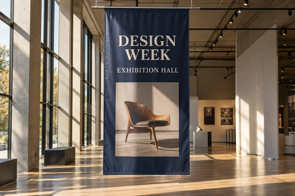 A tall navy printed vinyl banner hanging from a metal rail in a contemporary exhibition hall.