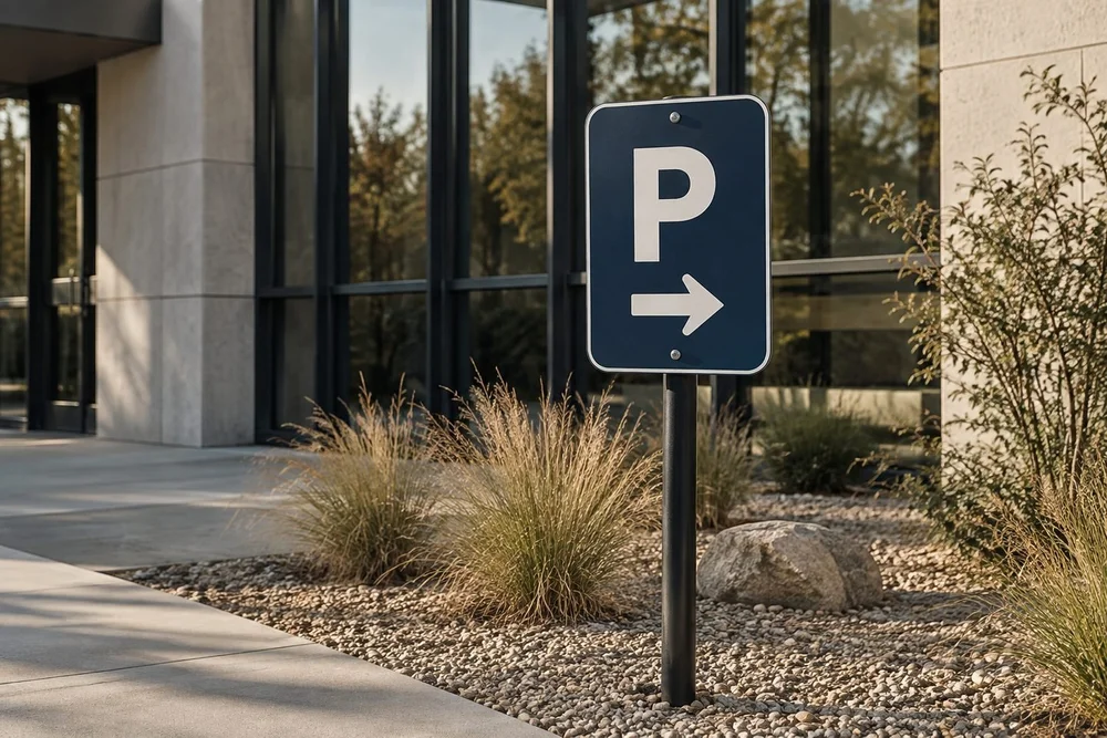 A restrained rounded corner solid aluminum parking sign on a single black post outside a modern office.