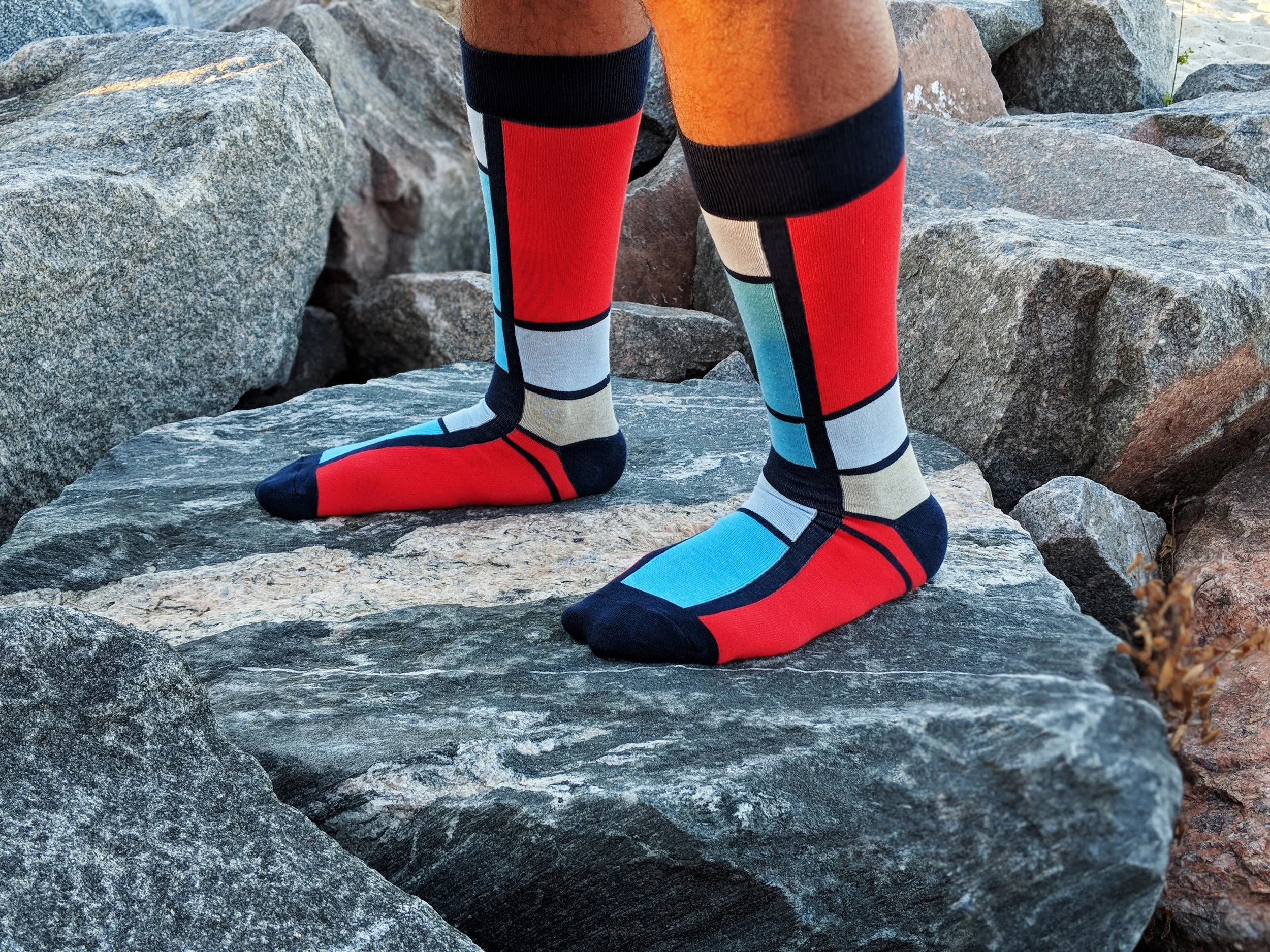 A bit of Mondrian in your step. Geometric knit-in design based off the painting called Composition by Piet Mondrian. Photo Credit: The Sock Review