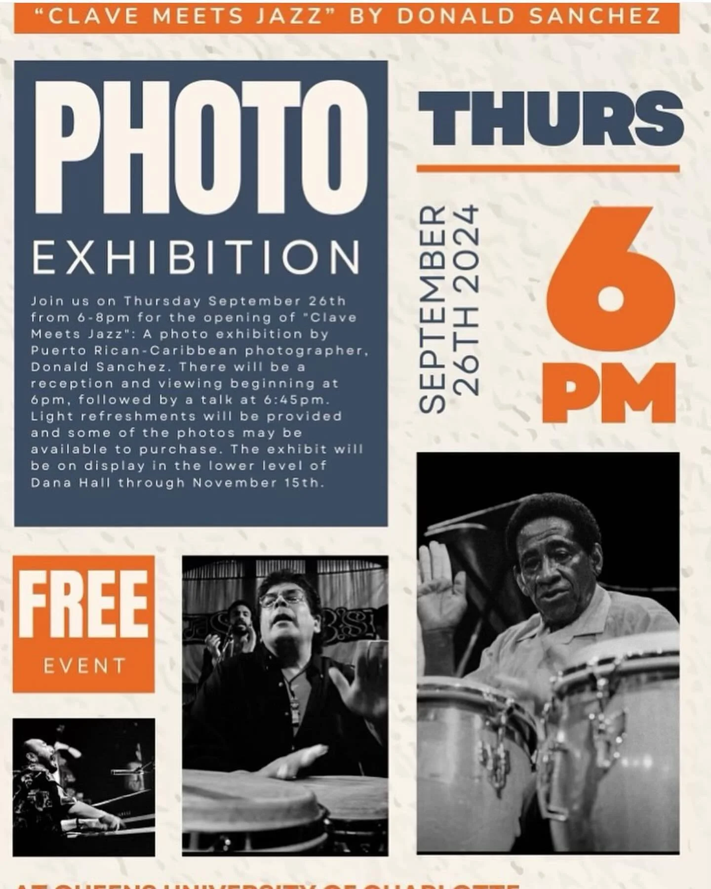 Come meet our Curriculum Coordinator/Photographer Donald Sanchez during his Photo Exhibit at @queensuniv in Charlotte on Thursday September 26th at 6pm.  The display will features 19 images of various Latin Jazz musicians like band leader Tito Puente