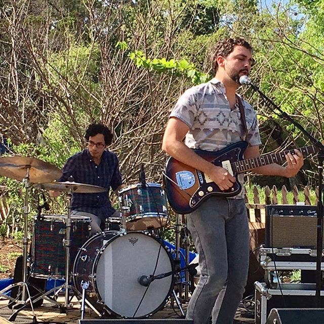 So much fun rockin' on Friday afternoon. Thanks, @indianrolleraustin ! #sxsw2017 #atx #livemusic #sax #tambourine #jazzmaster #ludwigdrums #psychedelicred