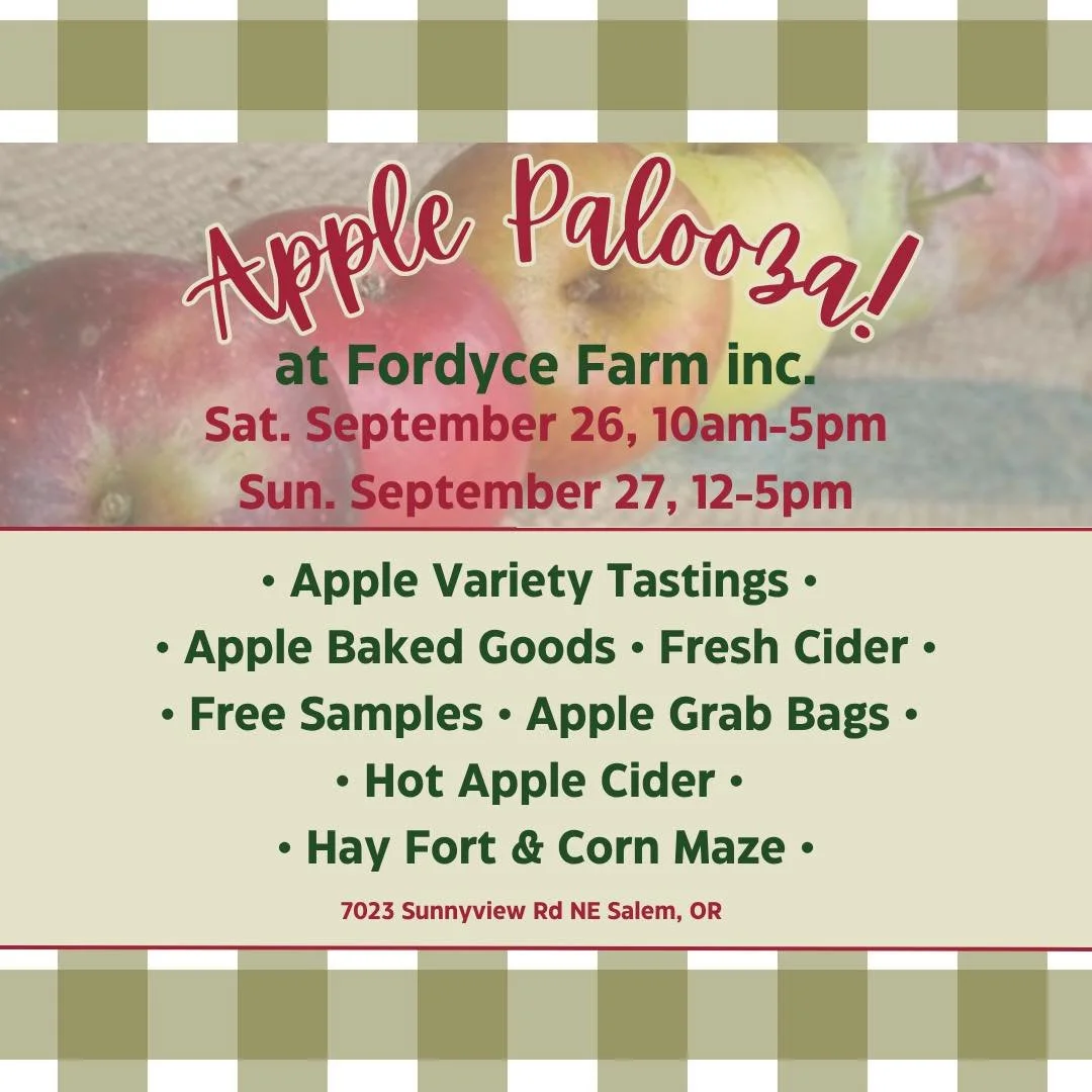 Come to Apple Palooza at Fordyce Farm this weekend! Saturday from 10-5 and Sunday from 12-5. Free event with free apple tasting samples. Grab bags for sale along with cider, baked goods, and more! Apple and fall themed coloring station is available. 