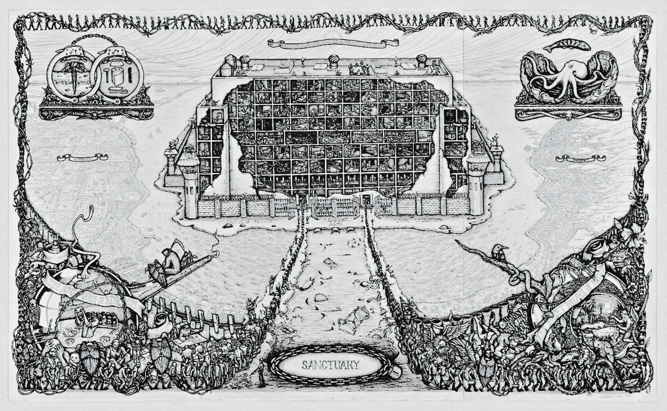 Sanctuary , 2018. Ink and graphite on paper.