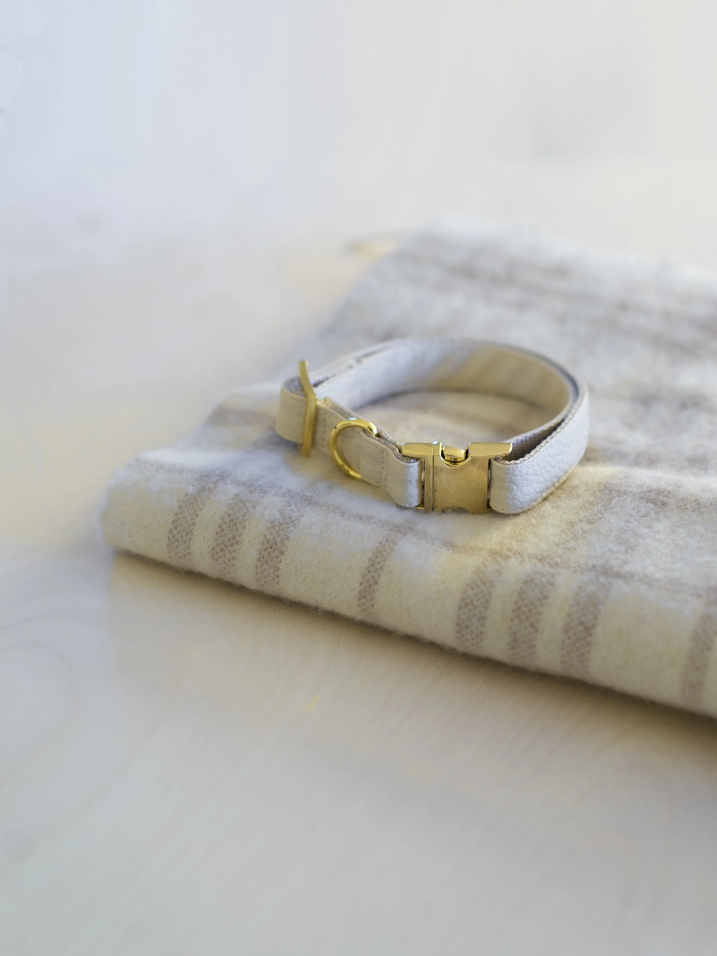 cream faux leather vegan dog collar gold hardware on top of scarf