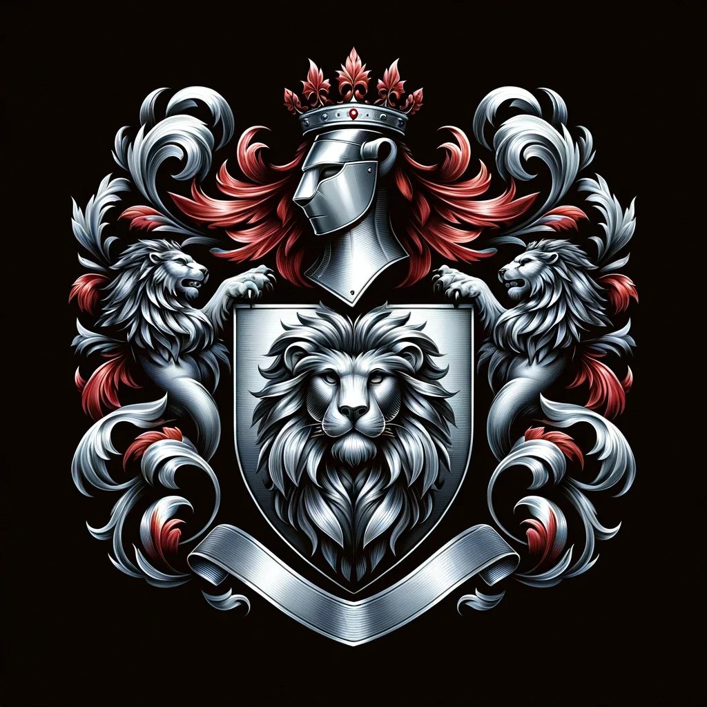 A detailed coat of arms featuring a lion's face on a shield, flanked by two lions, with a knight's helmet topped by a crown and elaborate red and silver decorative elements.