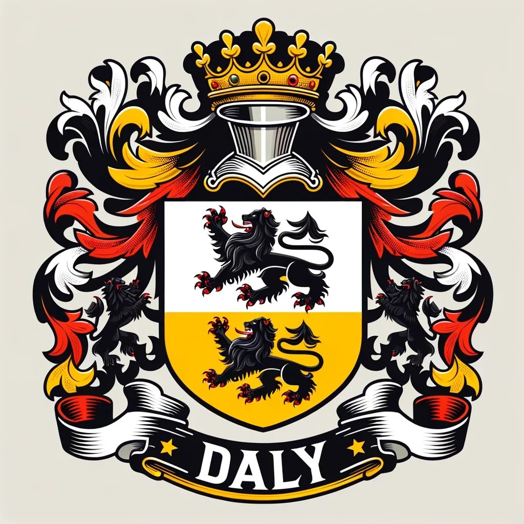 A detailed coat of arms featuring a shield with two black lions on a white and yellow background, topped with a golden crown, surrounded by intricate black, red, white, and gold ornamental flourishes, and a banner at the bottom with the name 'Daly'.
