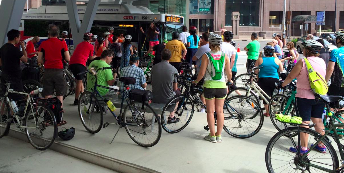 Practicing using the bike and bus racks on the May 2015 Year of Yay ride.