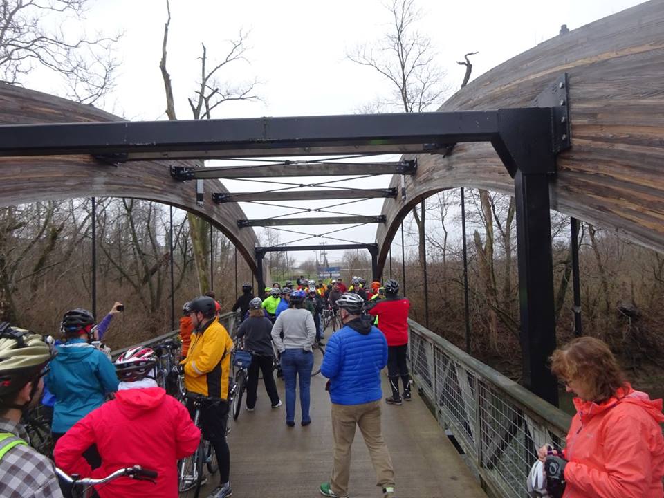 "TAKING it all in" on the recently completed Alum Creek Trail bridge. Photo credit: Craig Clark