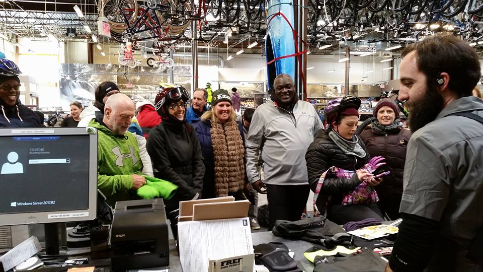 Our group cash bombs the crap out of REI. Photo credit: Catherine Girves