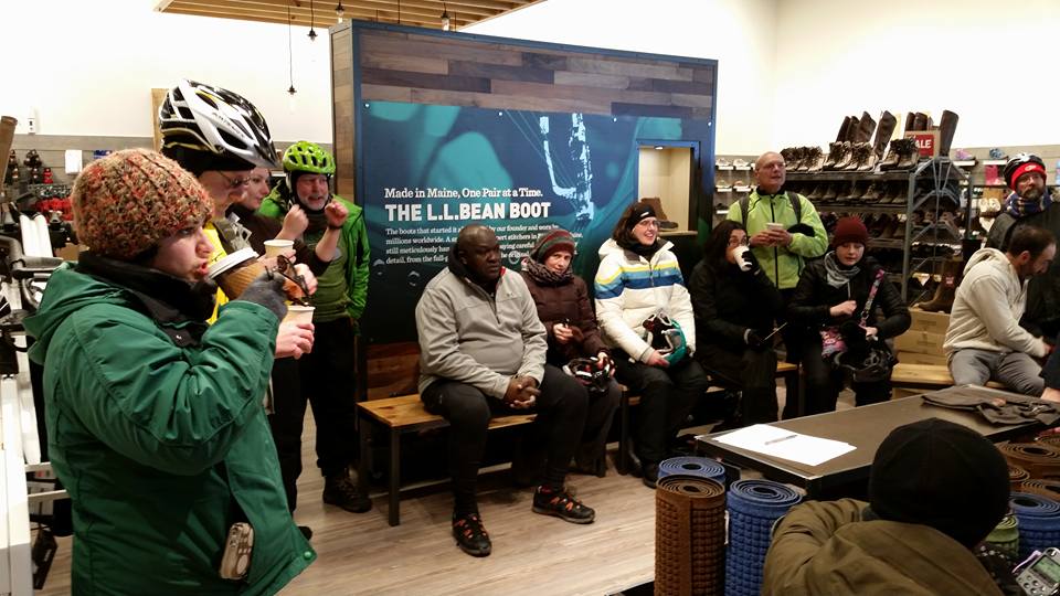 Our group takes in a presentation on base layers at L.L.Bean. Photo credit: Catherine Girves