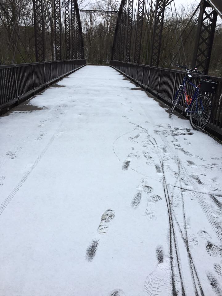 Snowy bridges made for some challenging riding on the Alum Creek Trail.