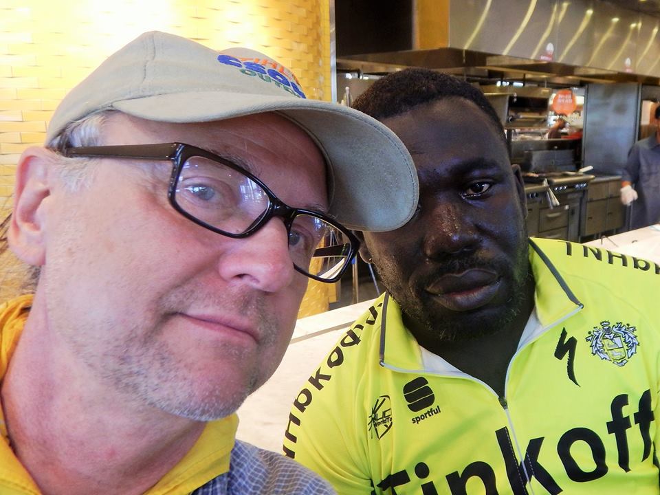 Post-ride, hot and tired and ready for a cold one. Photo credit: Keith Lugs