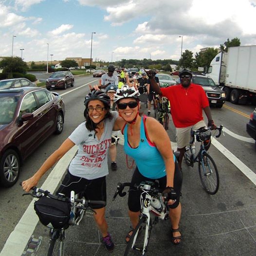 Entertaining ourselves with bike helmet bunny ears while waiting to turn onto Morse Road and then into the Whole Foods parking lot at Easton. Photo credit: Darrell McGrath