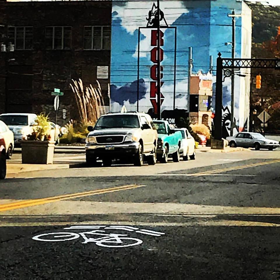 Downtown Nelsonville received sharrows just days after Yay Bikes! led a Professional Development Ride there