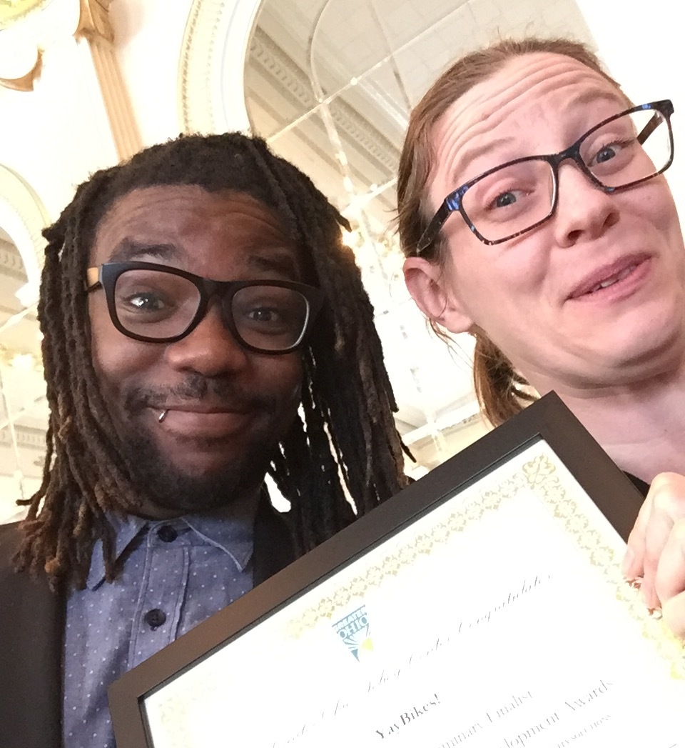 Deo & Meredith accepting an award from the Greater Ohio Policy Center, who nominated us for a Greater Ohio Sustainable Development Award in the Non-profit Luminary category. 