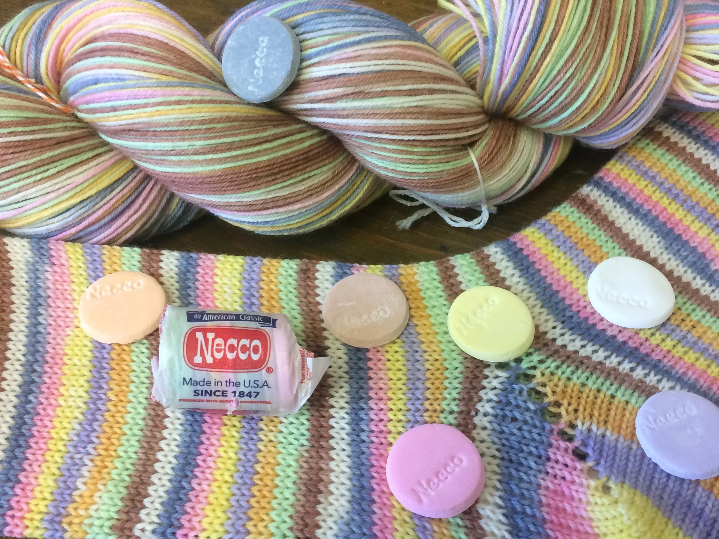 "Necco" self striping sock yarn — home