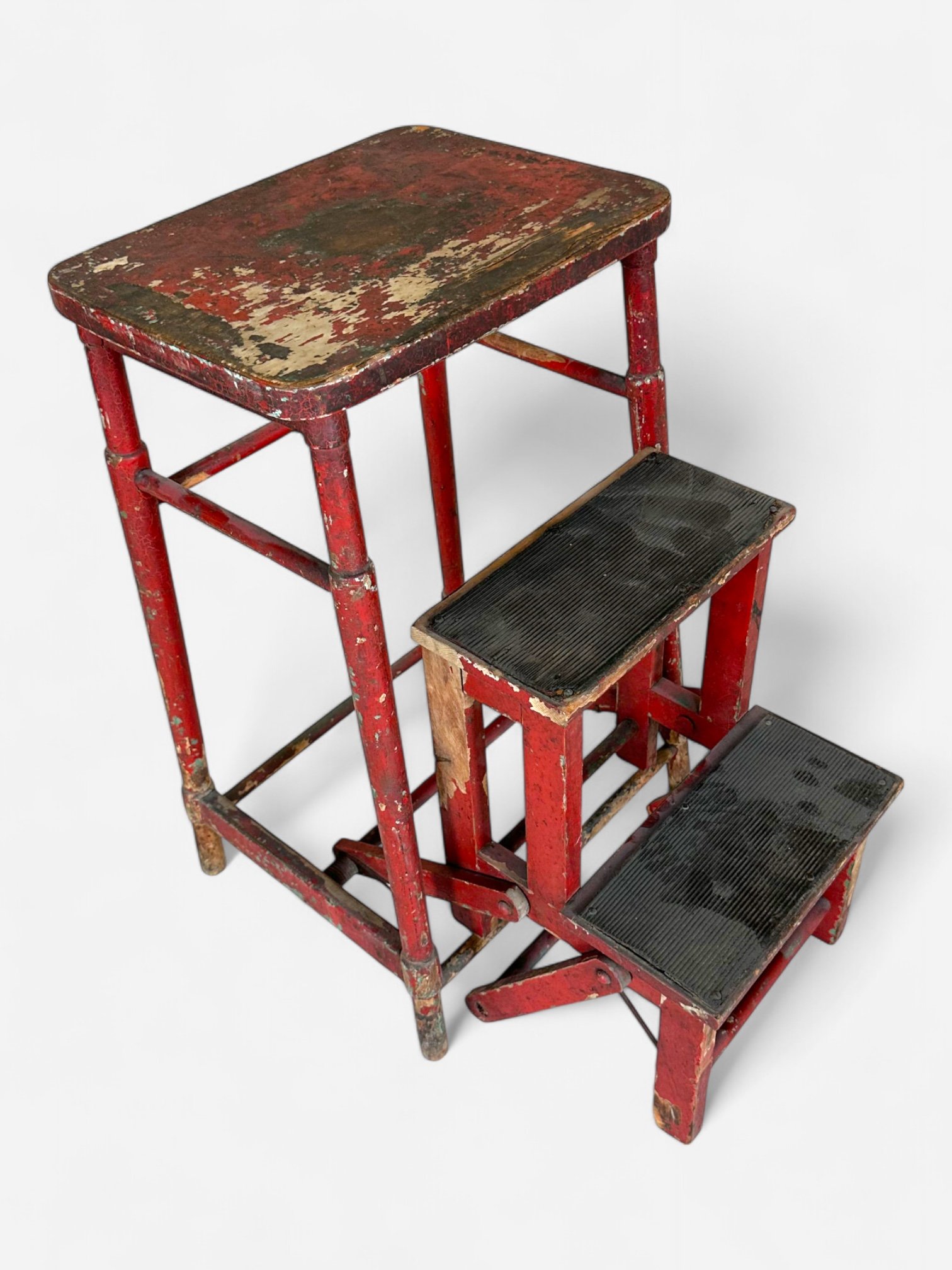 VINTAGE AGED RED WOOD FOLDING STEPLADDER