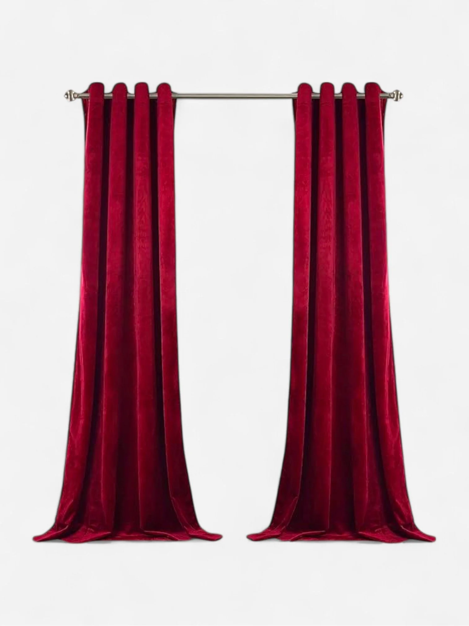PAIR OF RED VELVET CURTAINS WITH SILVER HARDWARE (52" x 92")