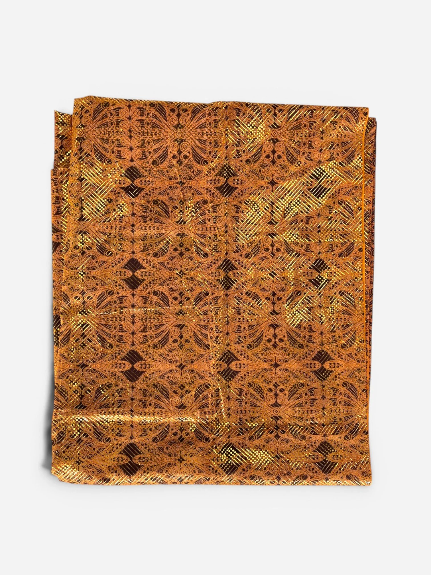 ORANGE AND GOLD METALLIC GEOMETRIC FABRIC (107”L x 43”W)