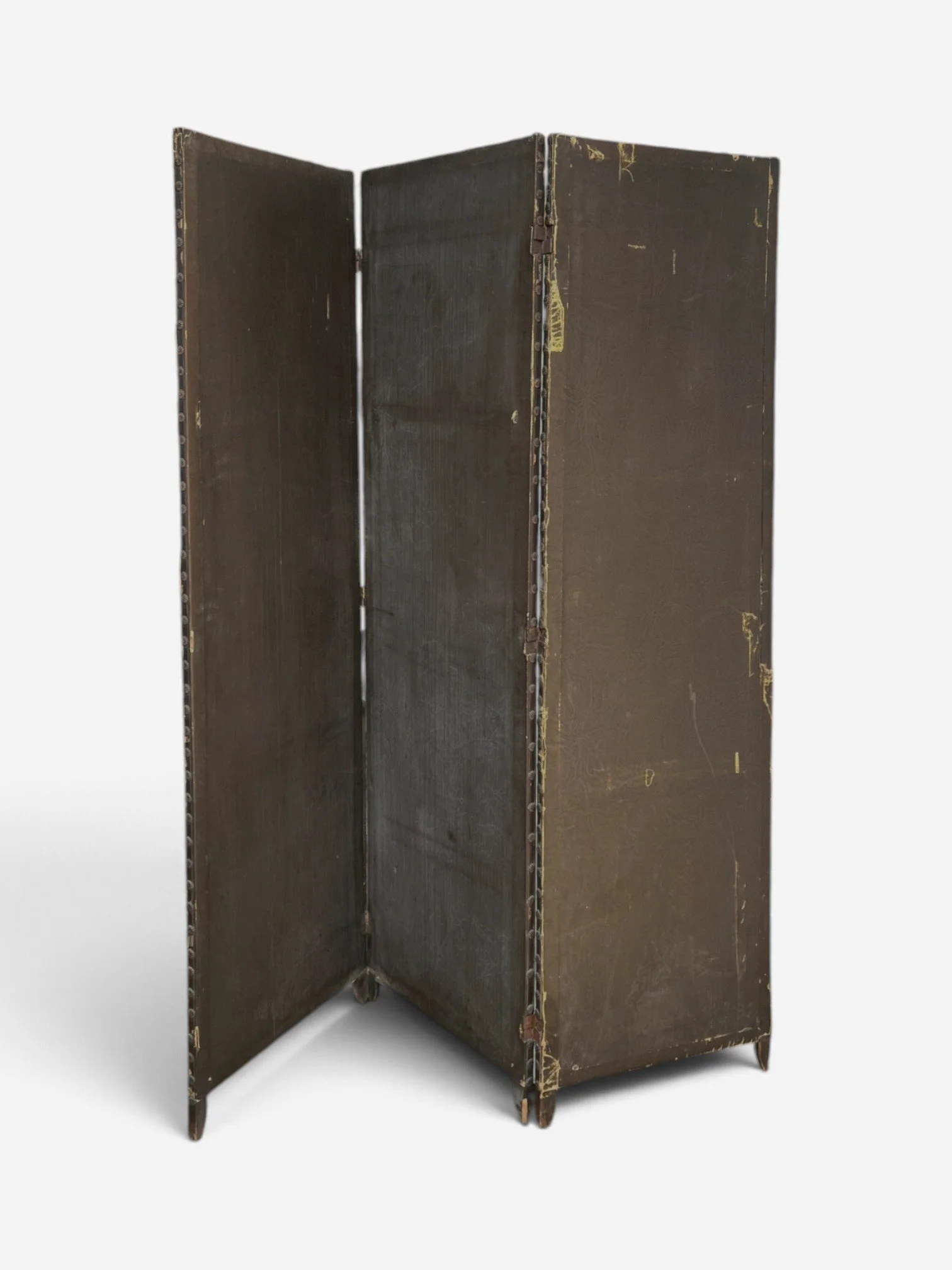 ANTIQUE DISTRESSED DARK BROWN LEATHER FOLDING SCREEN