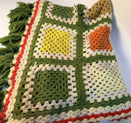 GRANNY SQUARE BLANKET WITH GREEN FRINGE/TWO MATCHING AVAILABLE