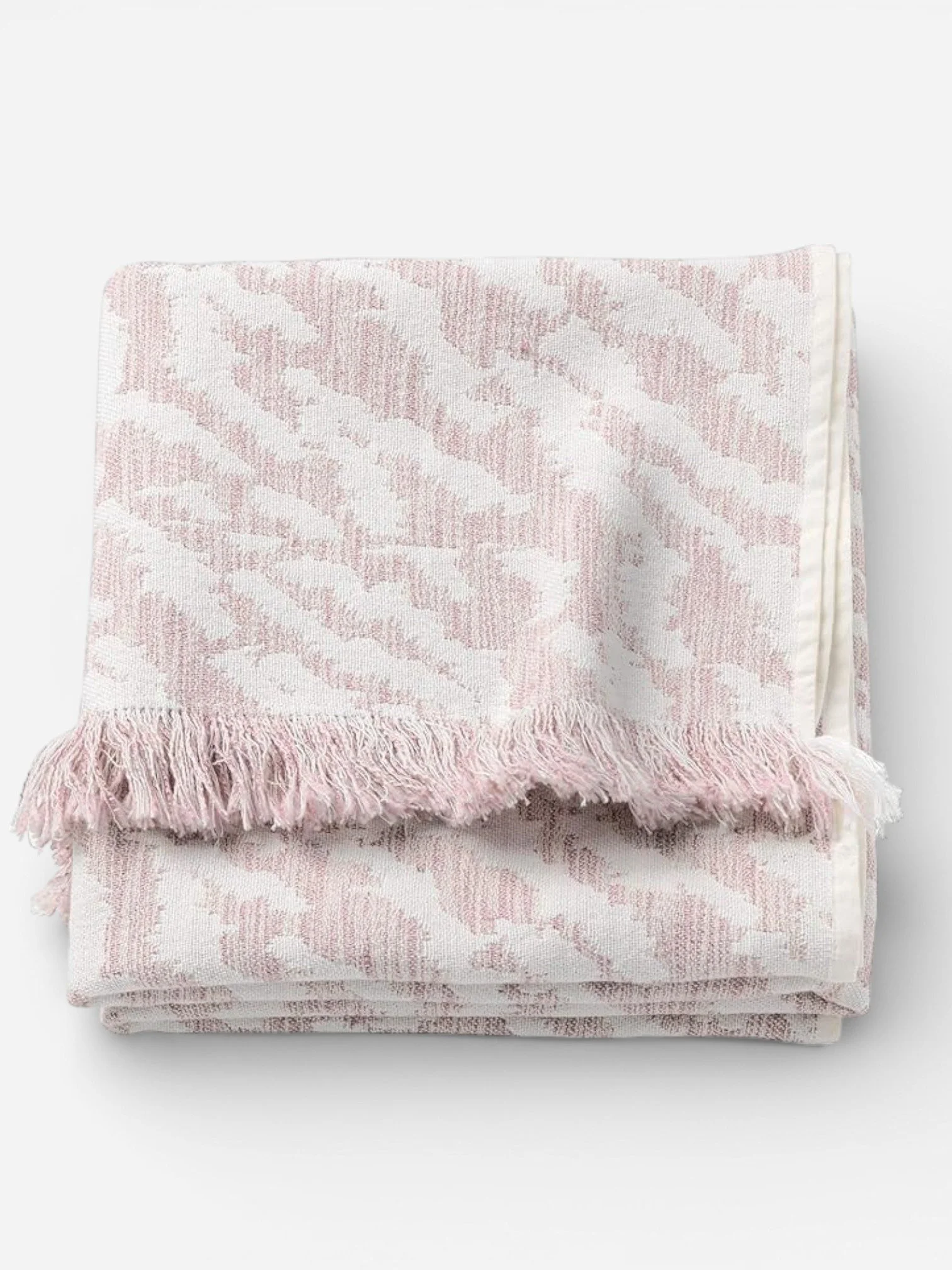 WHITE AND PINK PATTERN THROW BLANKET WITH FRINGE