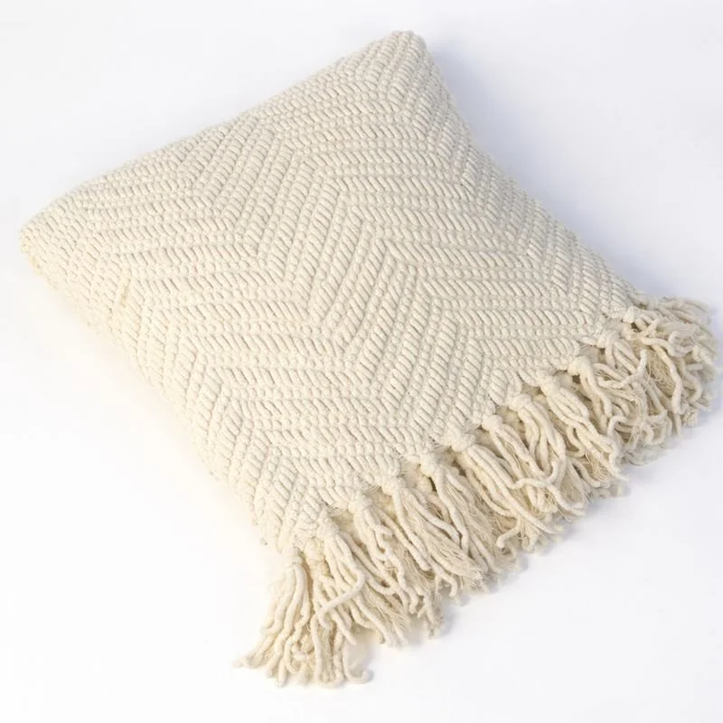 OFF WHITE/CREAM COLORED FRINGED THROW BLANKET