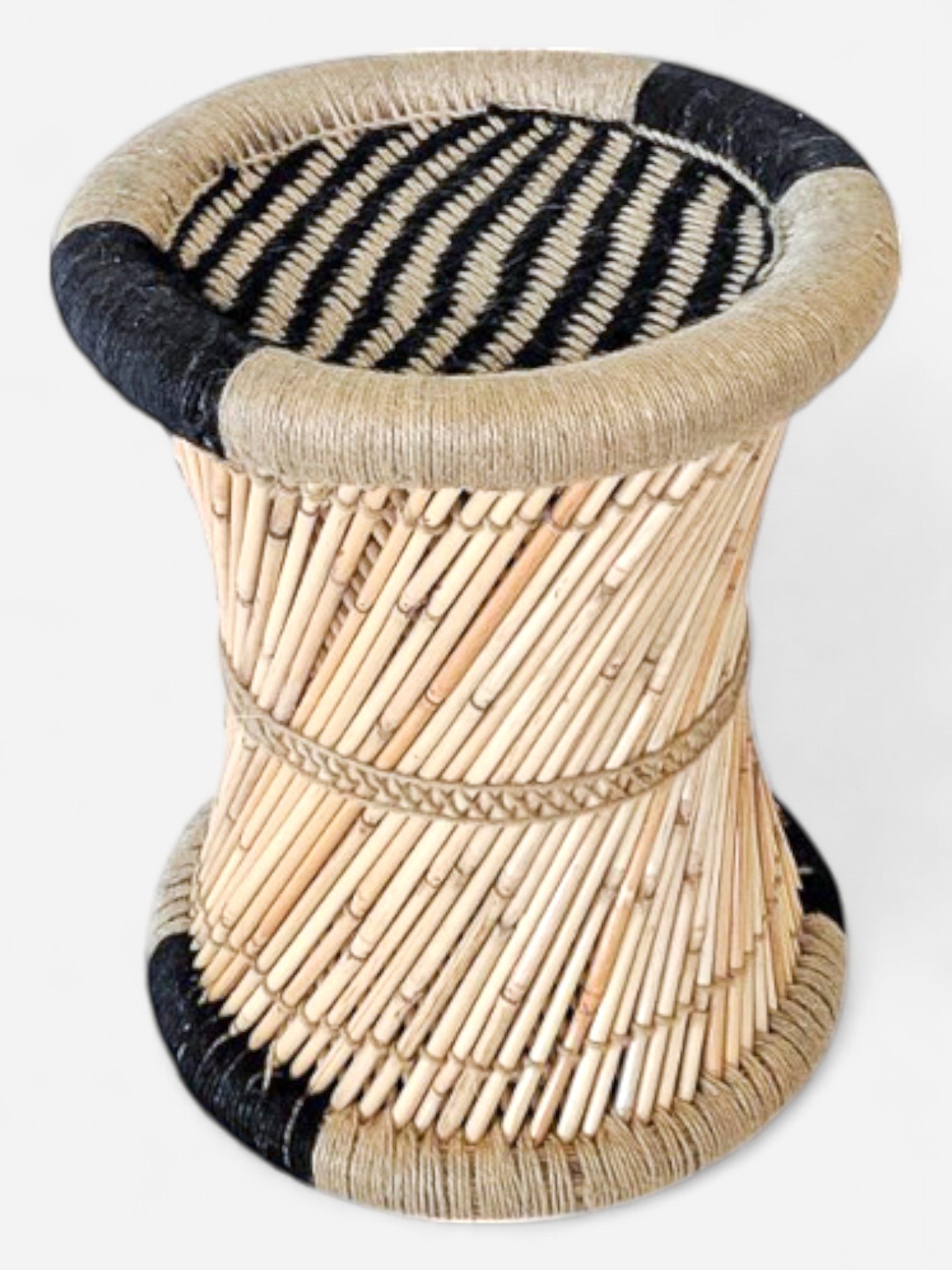 WICKER AND JUTE STRIPED ACCENT STOOL