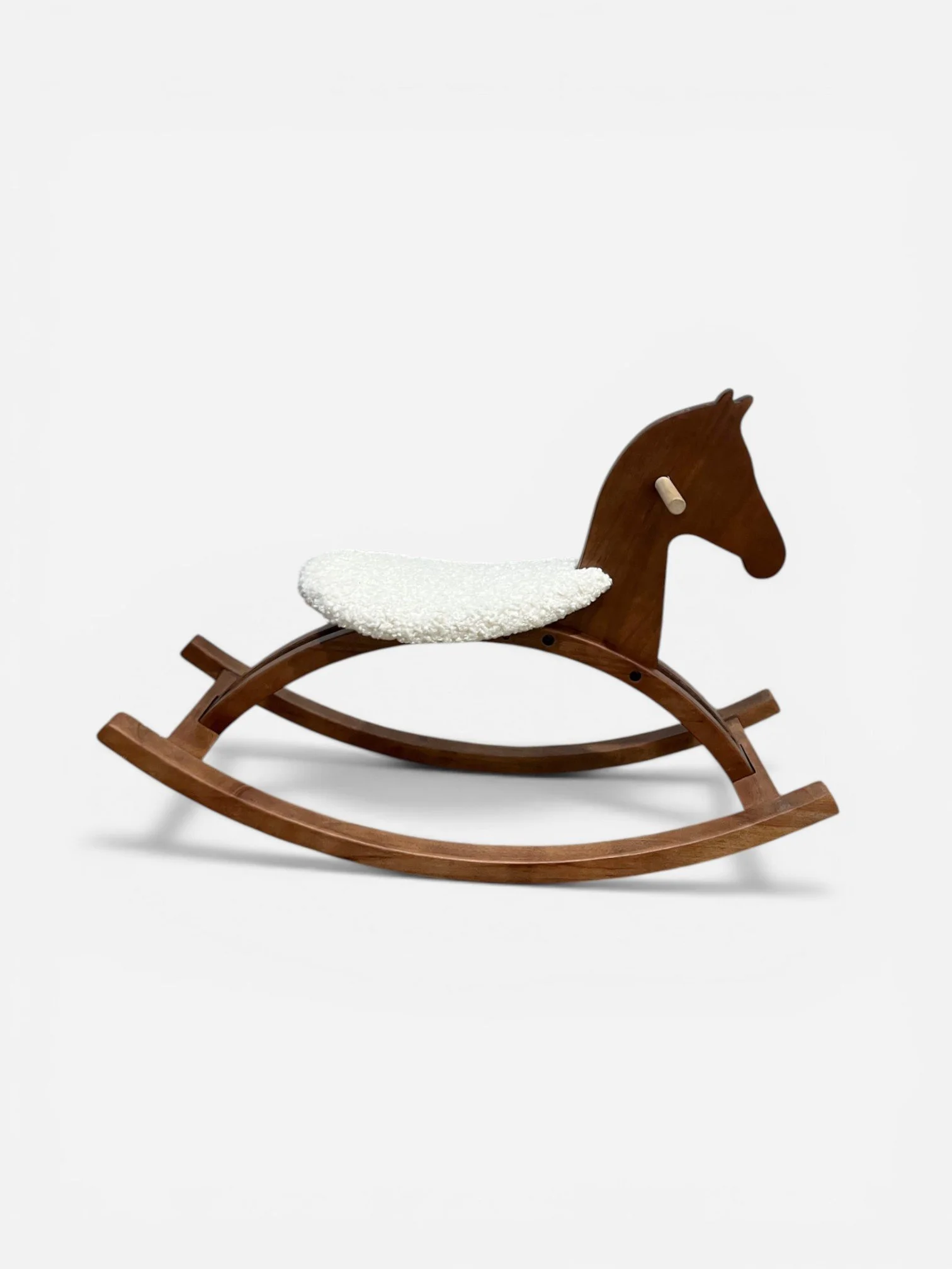 DARK BROWN WOODEN ROCKING HORSE WITH SHERPA SEAT