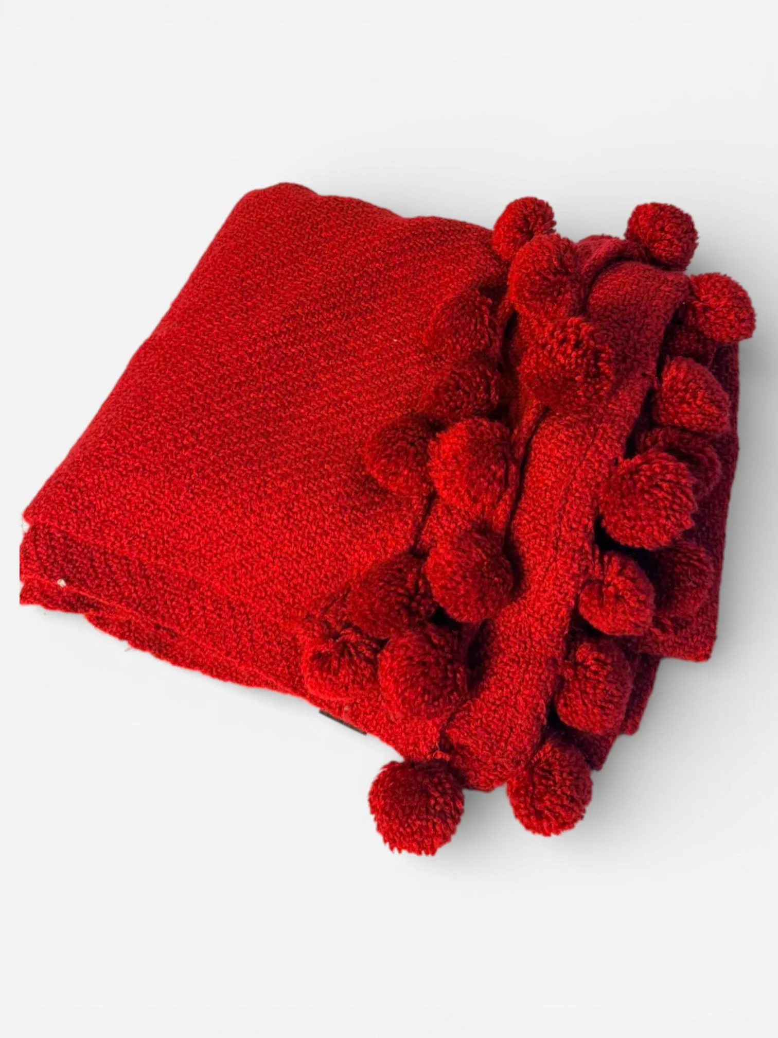 RED THROW BLANKET WITH POM POM FRINGE